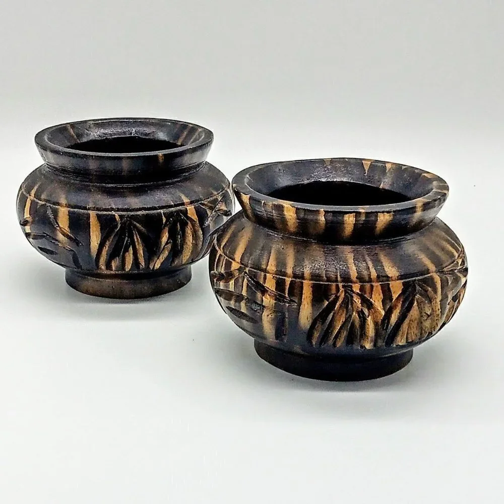 Pair of Brown Carved Wood Jars